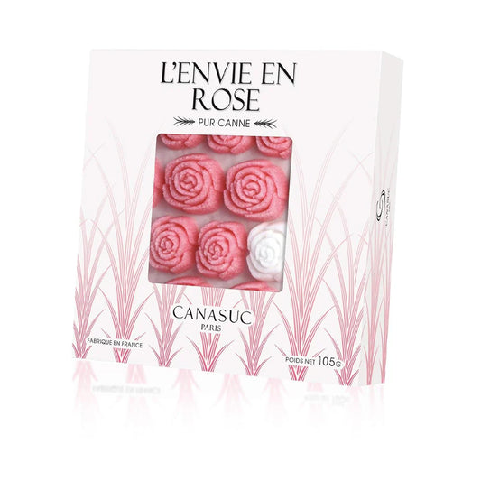 Canasuc Paris, L' Envie en Rose Pur Sucre de Canne,"Window Gift Box" of 36 Assorted French Molded Rose Sugar Pieces, White & Rose, 3.35 Oz