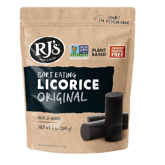 RJ's Soft Australian Licorice, Original Black Flavor, Resealable Bag, 7.05 Ounce (1-Pack) | Non-GMO, No Palm Oil, Plant Based | Soft & Chewy Licorice Candy, Batch Made in Australia